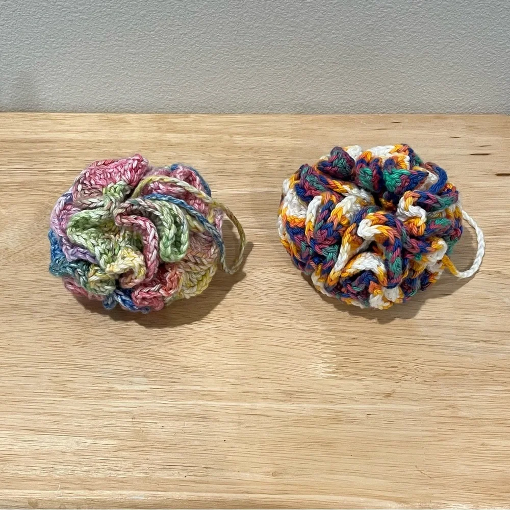 Set of 2 Crochet Pink/Yellow/Blue Eco-Friendly Bath Loofahs with Hanging Loop